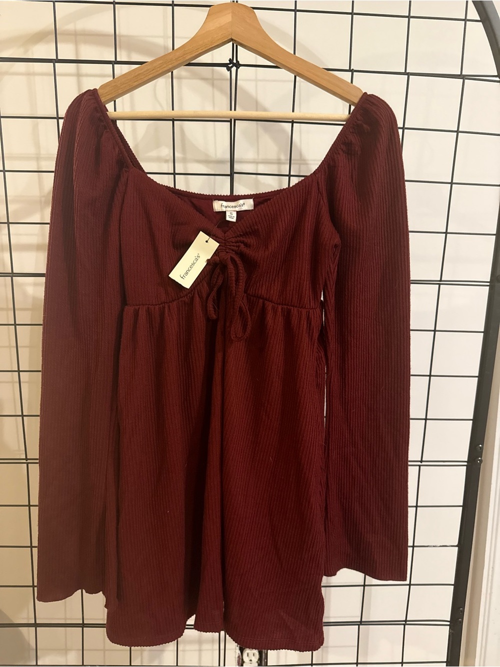 Francesca's Collections Wine Ribbed Long-Sleeve Mini Dress